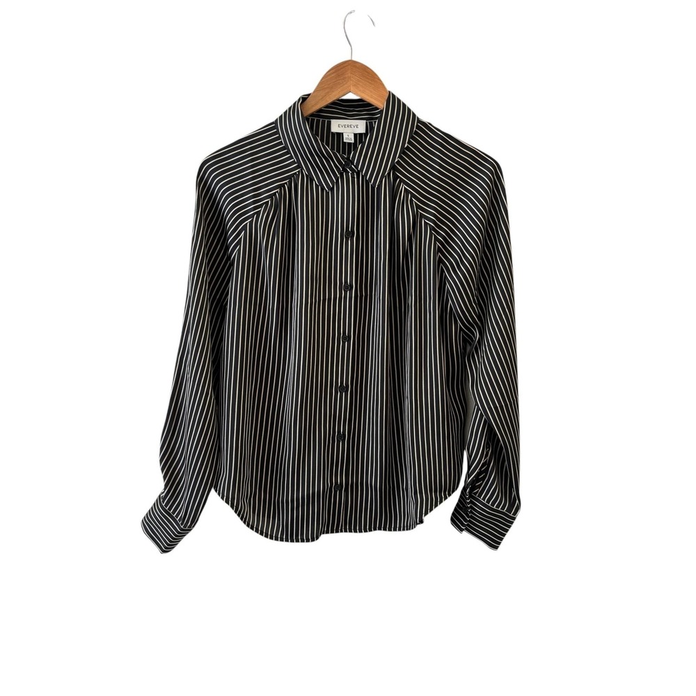 Evereve Striped Button Up Shirt Blouse Womens S Black Long Sleeve Office Basic